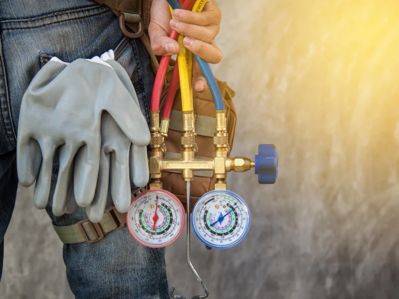 Technician holding HVAC gauges and gloves